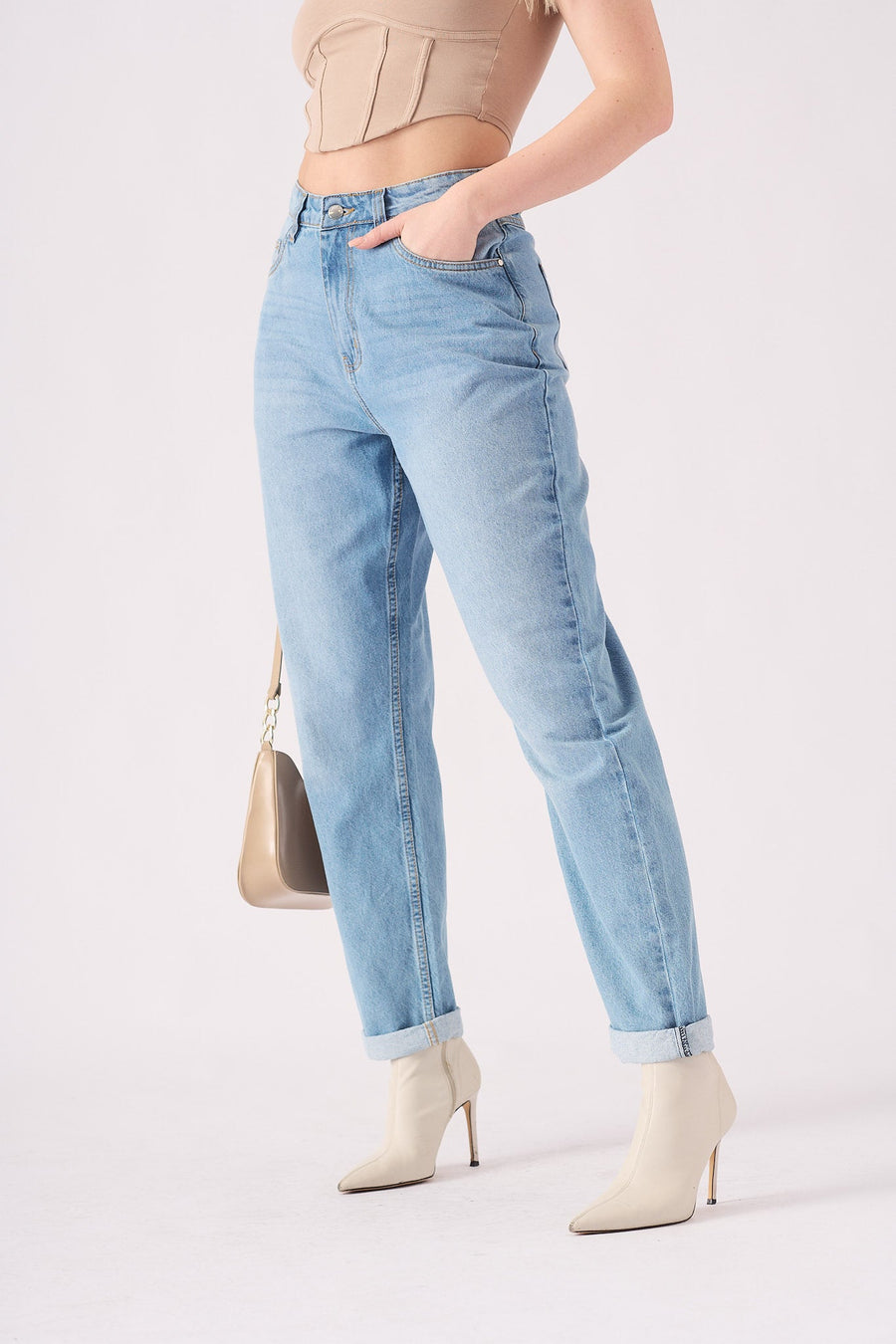 Azmira High Waisted Turn Up Straight Leg Jeans - Light Blue Wash - JMOJO - Women's Straight Leg Jeans