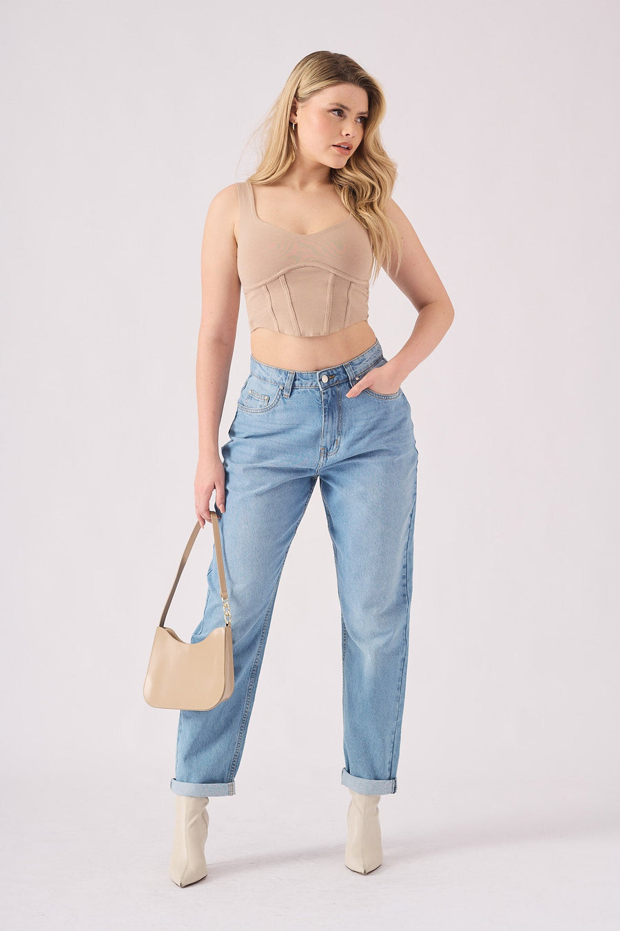 Azmira High Waisted Turn Up Straight Leg Jeans - Light Blue Wash - JMOJO - Women's Straight Leg Jeans