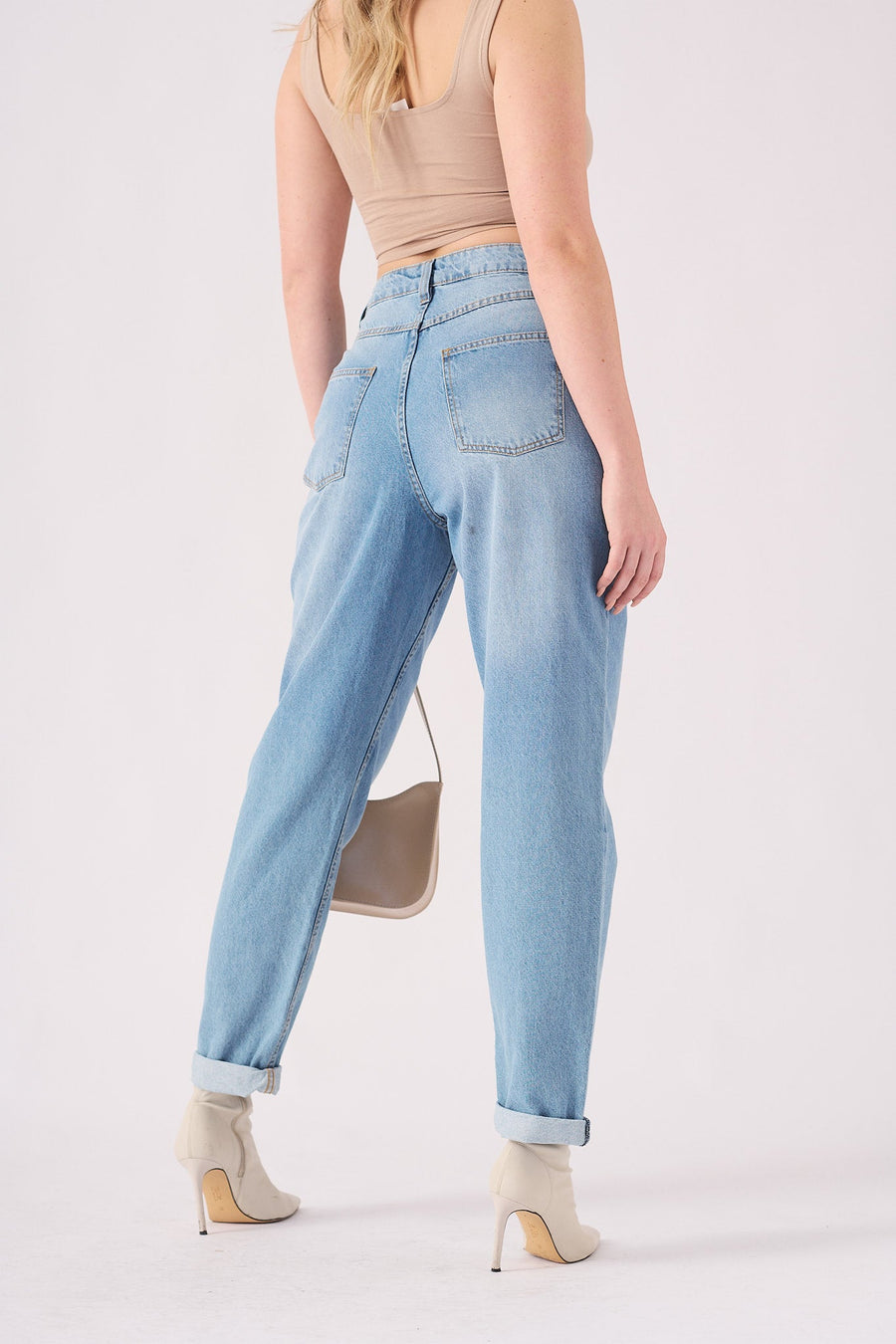 Azmira High Waisted Turn Up Straight Leg Jeans - Light Blue Wash - JMOJO - Women's Straight Leg Jeans
