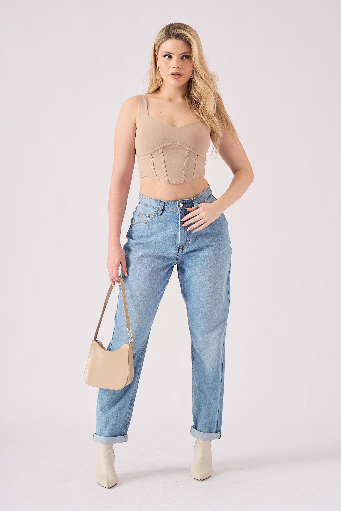 Azmira High Waisted Turn Up Straight Leg Jeans - Light Blue Wash - JMOJO - Women's Straight Leg Jeans