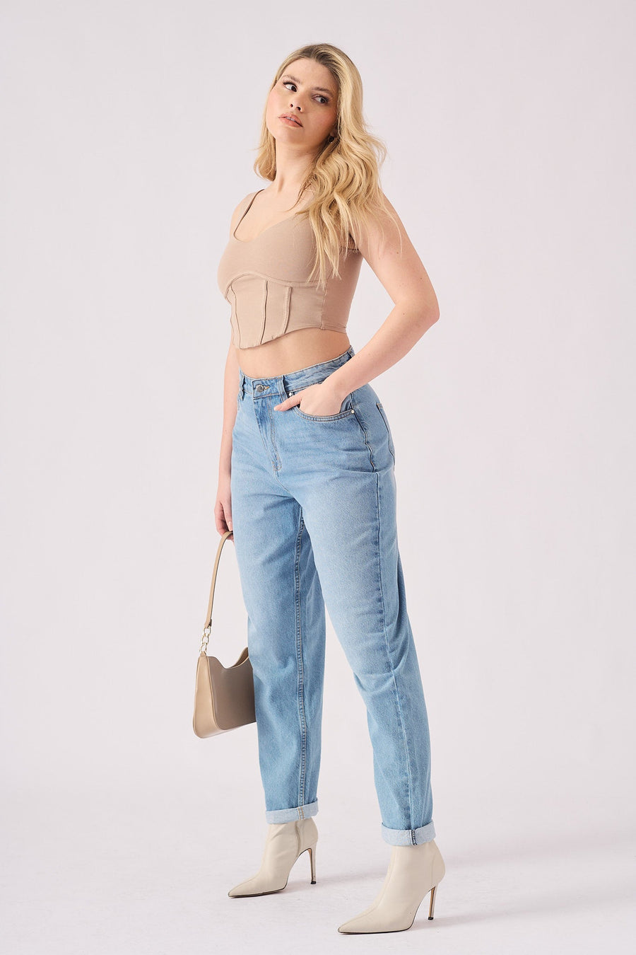 Azmira High Waisted Turn Up Straight Leg Jeans - Light Blue Wash - JMOJO - Women's Straight Leg Jeans