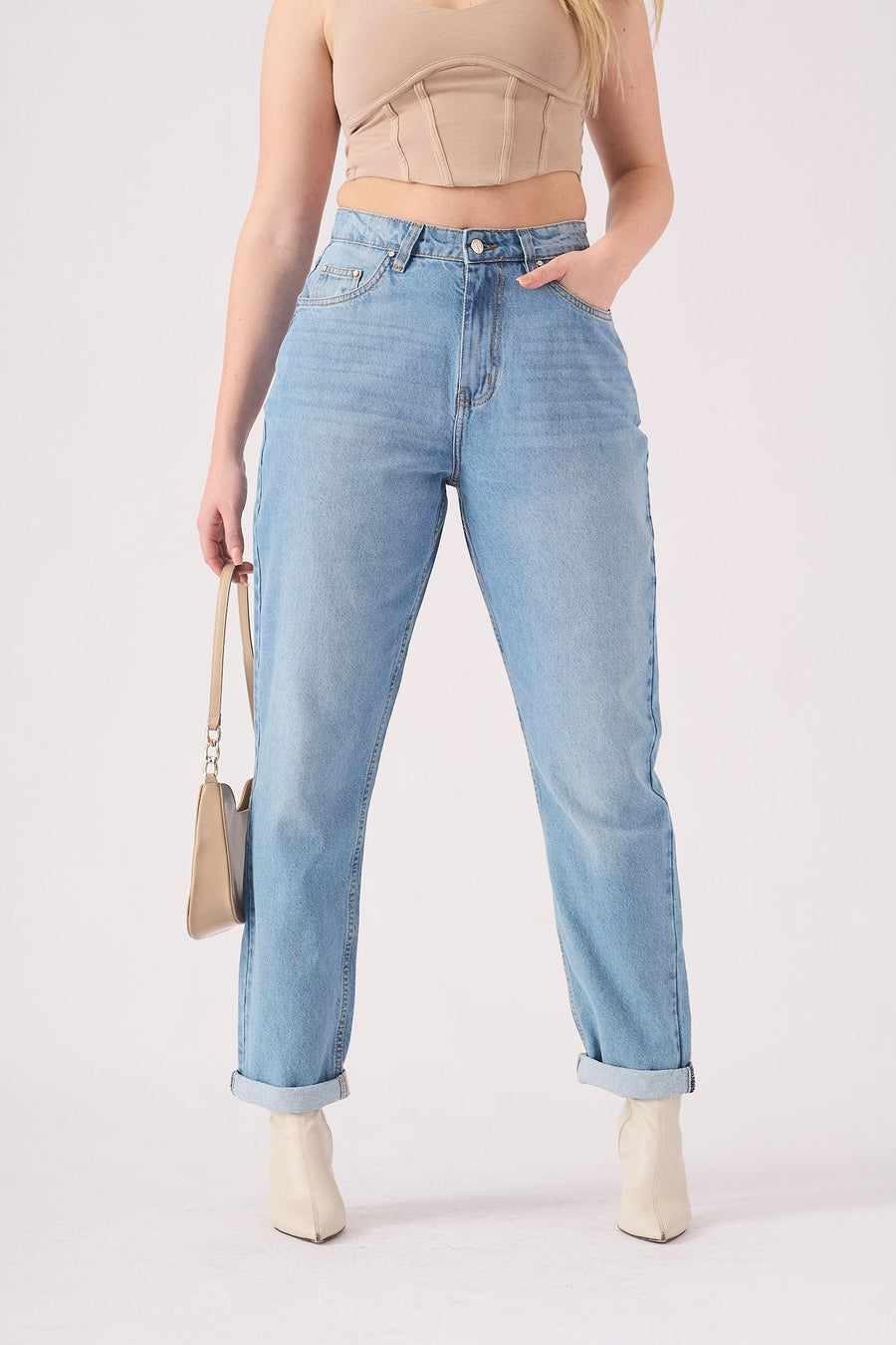 Azmira High Waisted Turn Up Straight Leg Jeans - Light Blue Wash - JMOJO - Women's Straight Leg Jeans