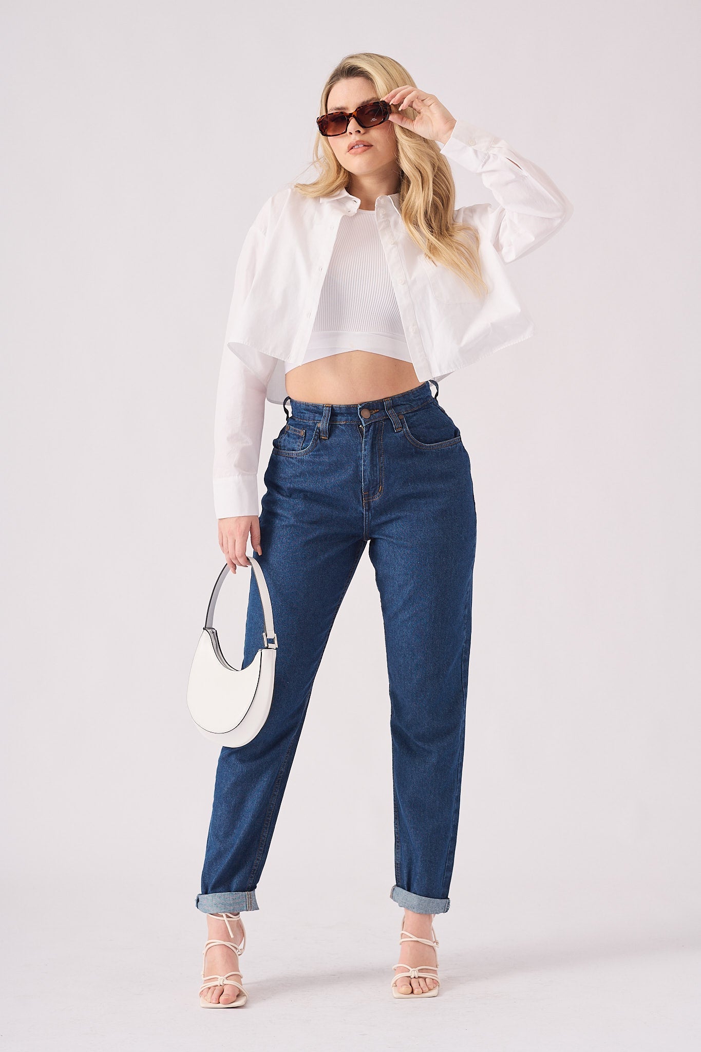 Babine High Waisted Turn Up Straight Leg Jeans - Mid Blue - JMOJO - Women's Straight Leg Jeans