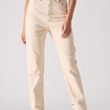 Person wearing beige jeans on a plain background