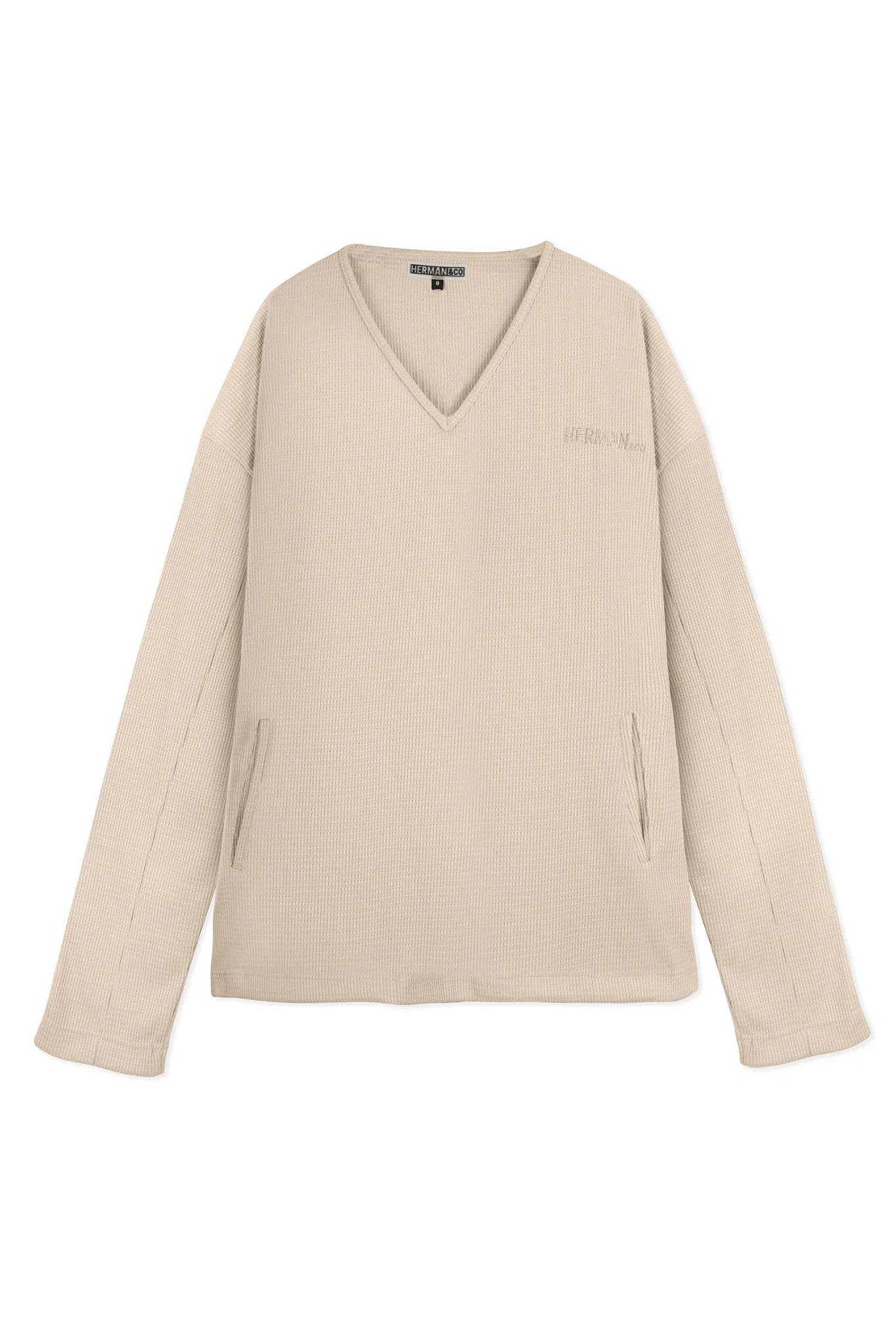 Beige oversized v neck jumper flat front lay