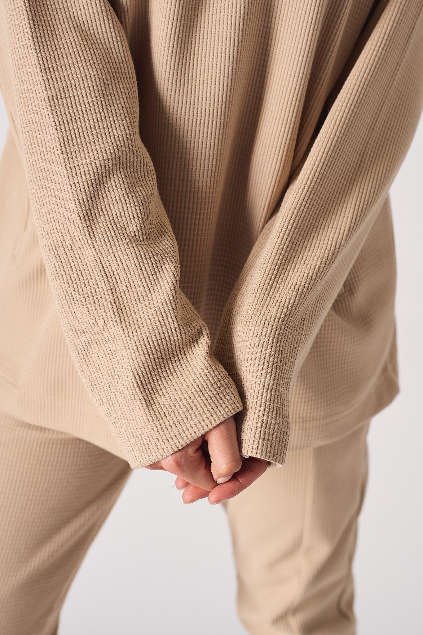 Beige oversized v neck jumper tonal logo embroidery