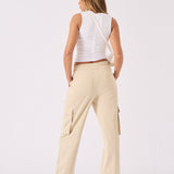 Back view of the beige straight leg cargo pants showing the clean relaxed fit.