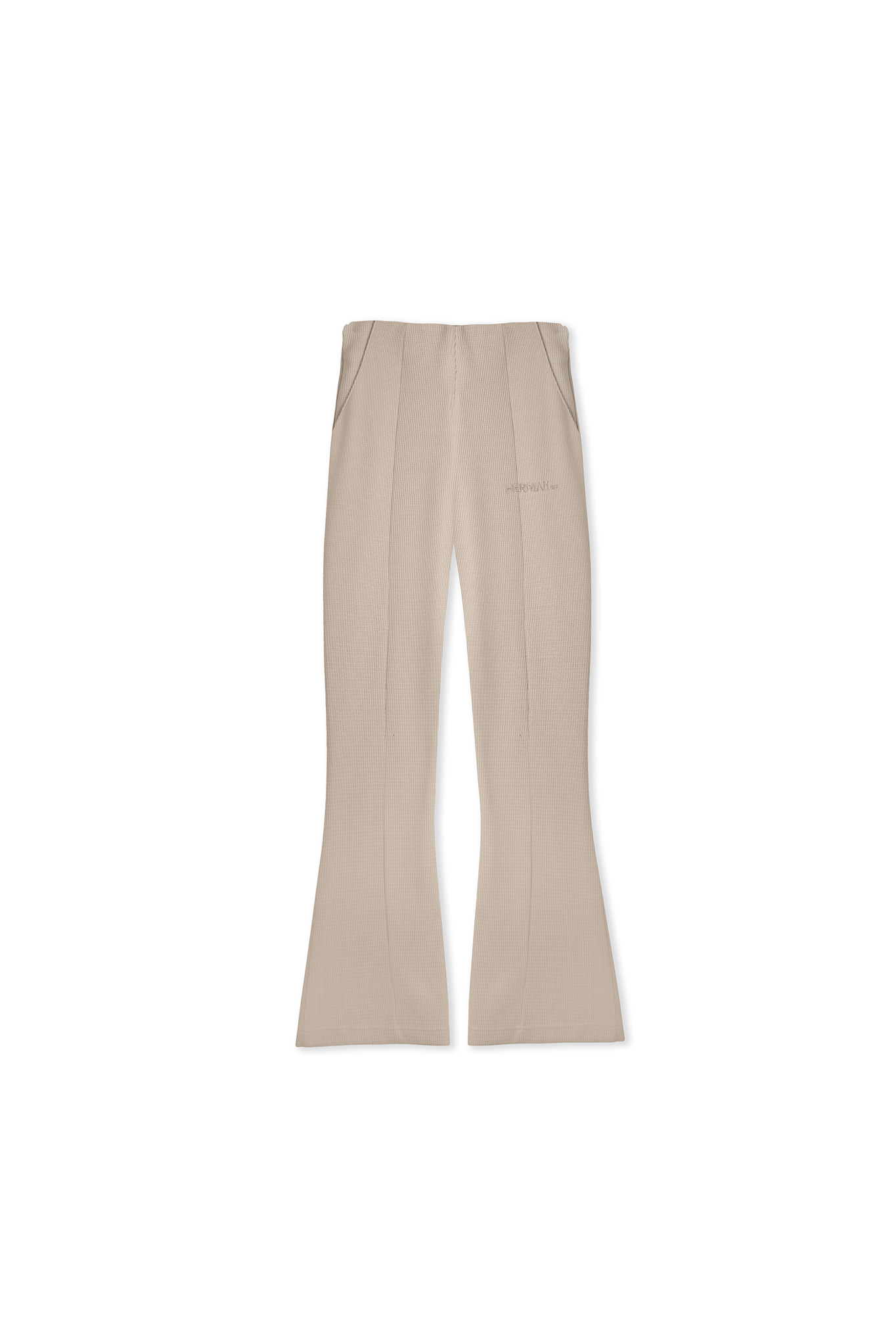 Beige waffle flared joggers flat front lay