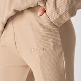 Beige waffle flared joggers logo embroidery detail
