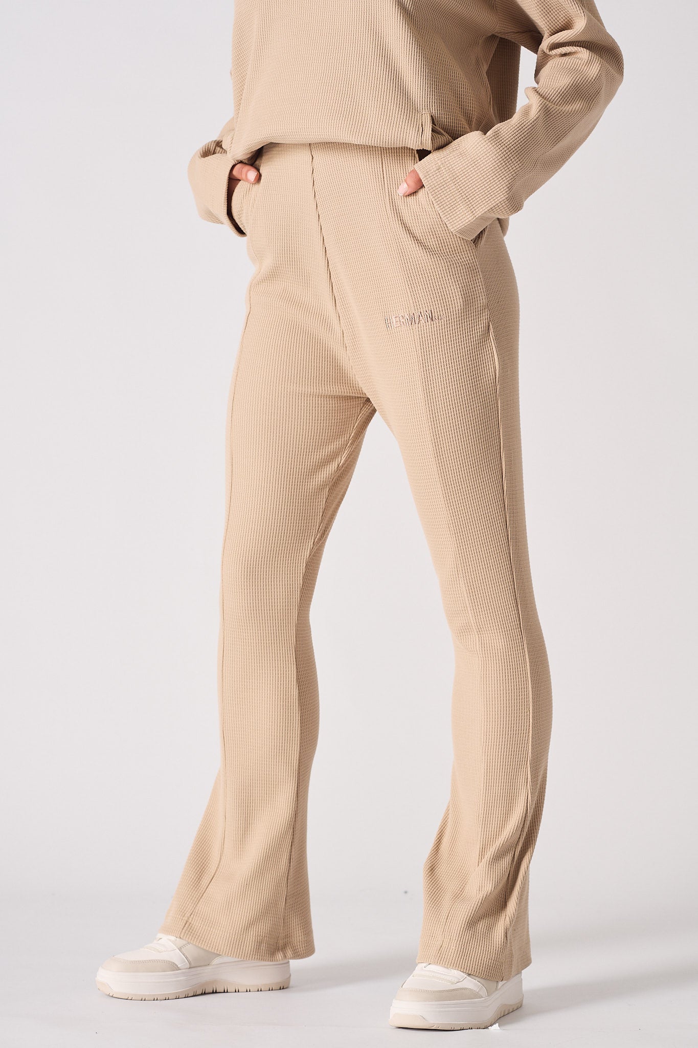 Beige waffle flared joggers matching top pocket