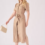 BELTED COTTON SATIN MIDI DRESS - BEIGE - JMOJO - Women's Dresses