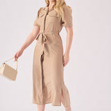 BELTED COTTON SATIN MIDI DRESS - BEIGE - JMOJO - Women's Dresses