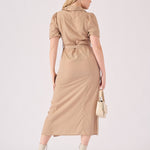 BELTED COTTON SATIN MIDI DRESS - BEIGE - JMOJO - Women's Dresses