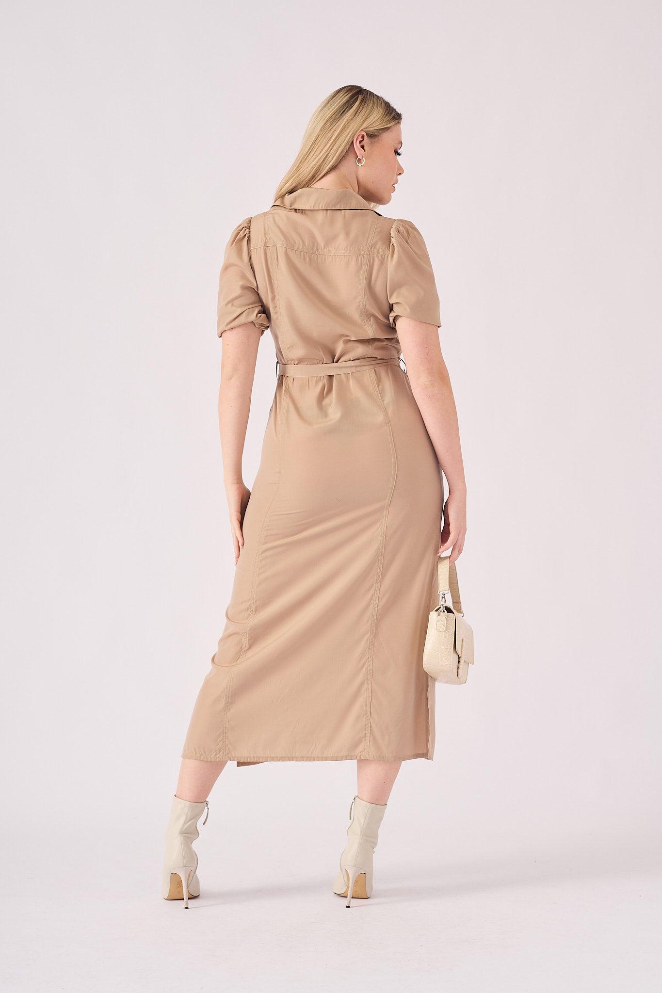 BELTED COTTON SATIN MIDI DRESS - BEIGE - JMOJO - Women's Dresses