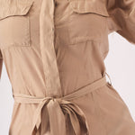 BELTED COTTON SATIN MIDI DRESS - BEIGE - JMOJO - Women's Dresses