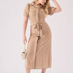 BELTED COTTON SATIN MIDI DRESS - BEIGE - JMOJO - Women's Dresses