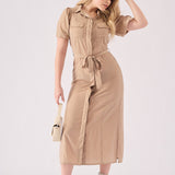 BELTED COTTON SATIN MIDI DRESS - BEIGE - JMOJO - Women's Dresses