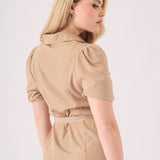 BELTED COTTON SATIN MIDI DRESS - BEIGE - JMOJO - Women's Dresses