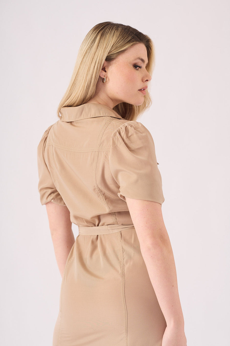BELTED COTTON SATIN MIDI DRESS - BEIGE - JMOJO - Women's Dresses