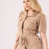 BELTED COTTON SATIN MIDI DRESS - BEIGE - JMOJO - Women's Dresses