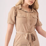 BELTED COTTON SATIN MIDI DRESS - BEIGE - JMOJO - Women's Dresses