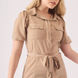 BELTED COTTON SATIN MIDI DRESS - BEIGE - JMOJO - Women's Dresses