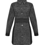 Front view of the black acid wash belted denim dress laid flat