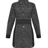 Front view of the black acid wash belted denim dress laid flat