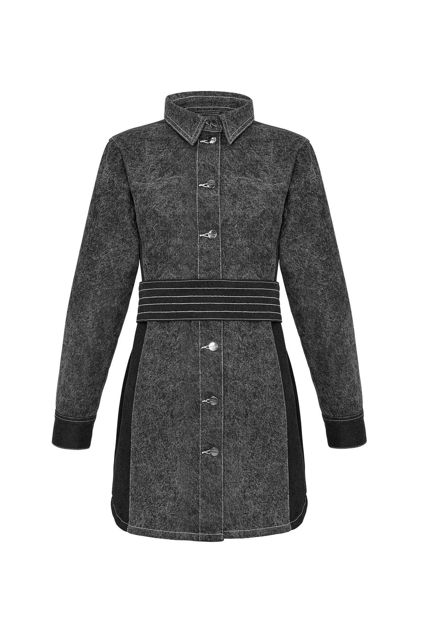Front view of the black acid wash belted denim dress laid flat