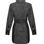 Back view of the black acid wash denim dress laid flat to show panel details