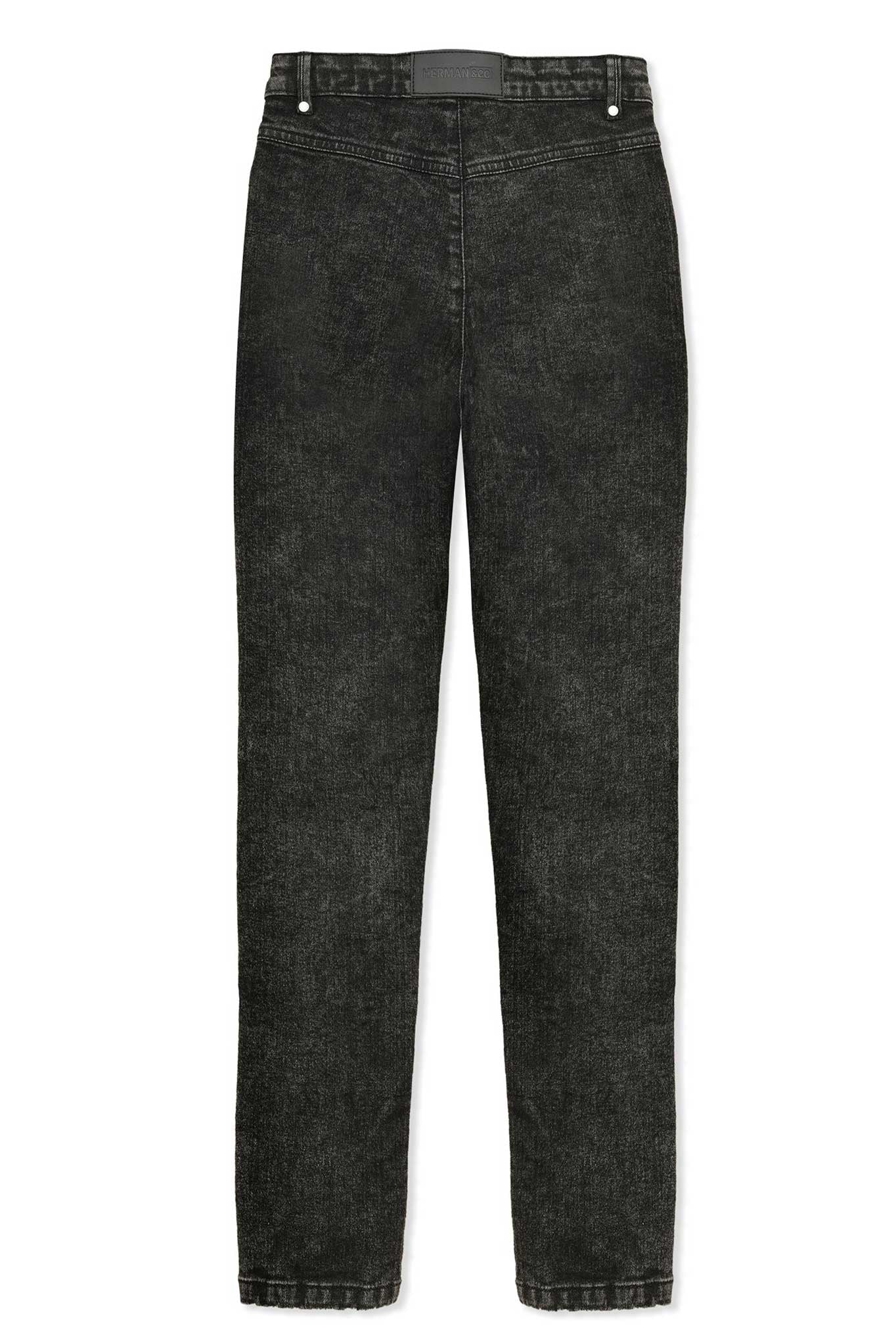 The back view of the black acid wash skinny jeans laid flat