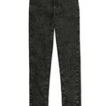 A pair of women's black acid wash skinny jeans laid flat