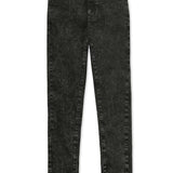 A pair of women's black acid wash skinny jeans laid flat