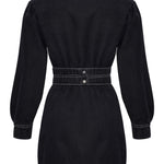 Black asymmetric denim dress button closure detail