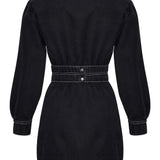 Black asymmetric denim dress button closure detail