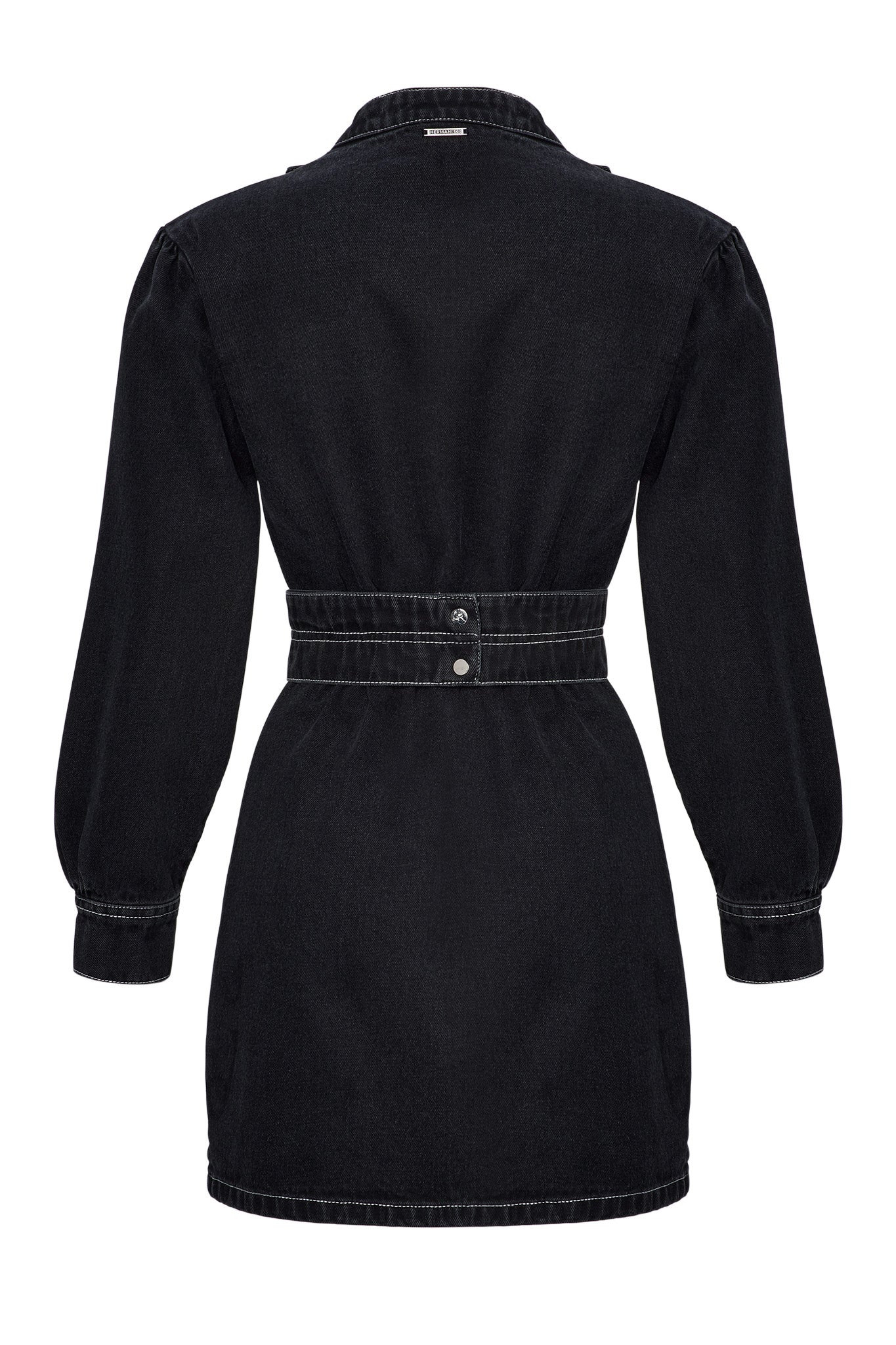 Black asymmetric denim dress button closure detail