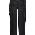 Back view of the women's black cargo jeans laid flat.