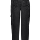Back view of the women's black cargo jeans laid flat.