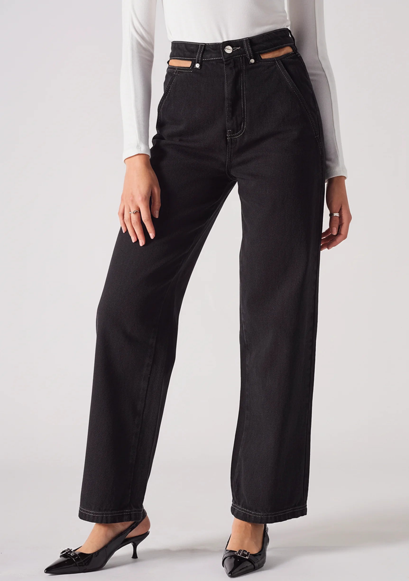 Black cut out straight leg trousers high waist detail