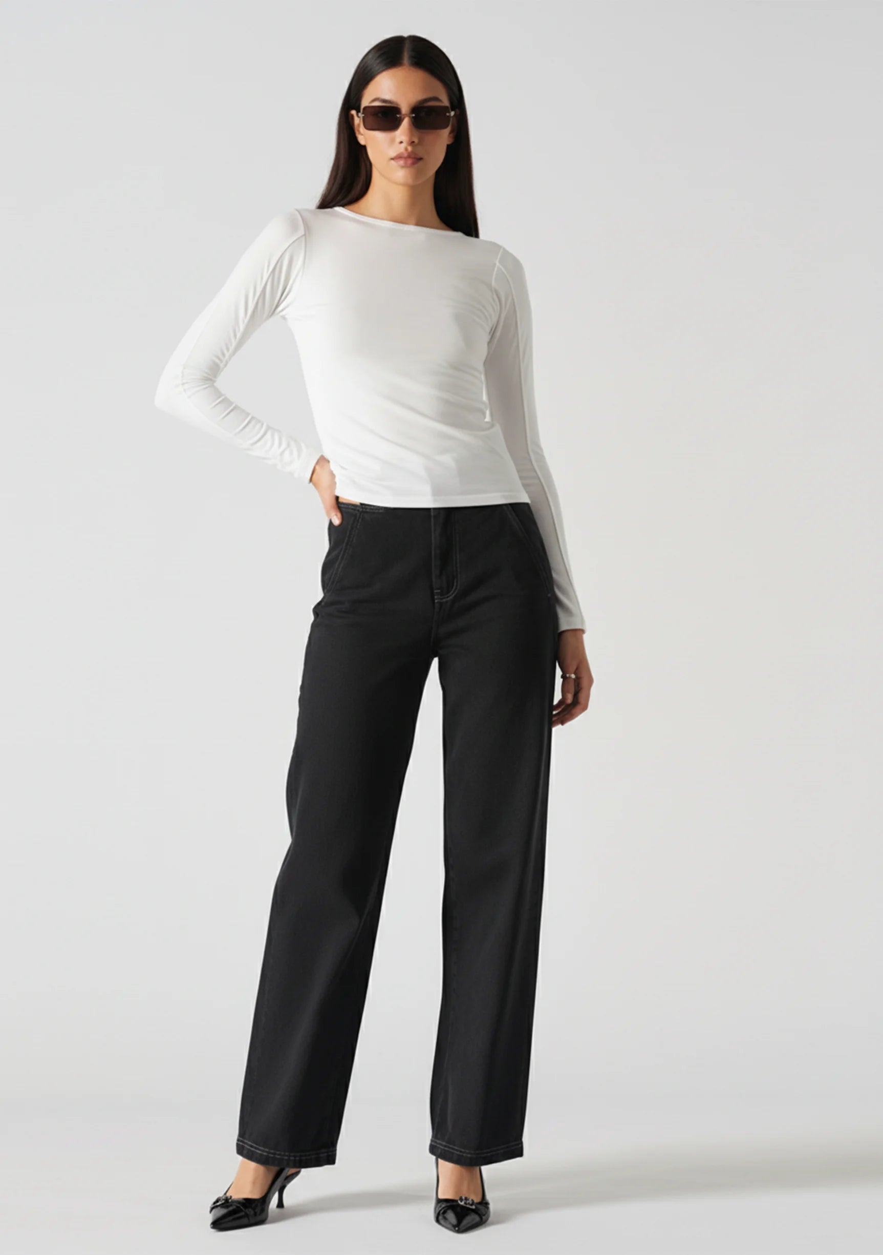 Black denim cut out straight leg jeans casual fit