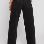 Close-up rear view of black denim jeans highlighting back pockets and yoke construction.