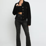 Full front view of women's black denim trucker jacket with button front closure - regular fit cotton jean jacket