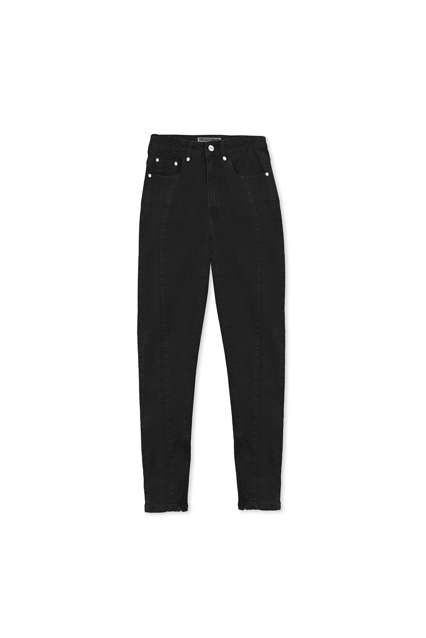 Black jeans with white buttons on a white background