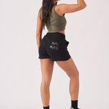 A three quarter rear view of black jogger shorts showing the relaxed fit