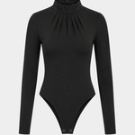 Flat lay of womens-black-mock-neck-bodysuit showing the gathered neckline and long sleeve detail