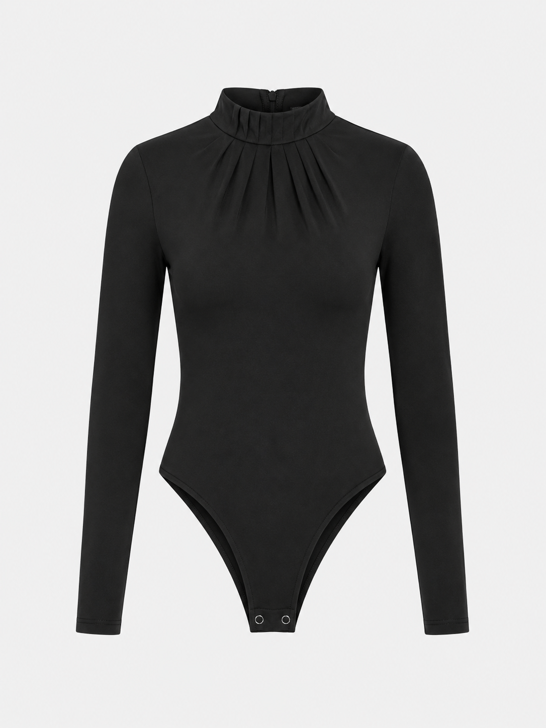 Flat lay of womens-black-mock-neck-bodysuit showing the gathered neckline and long sleeve detail