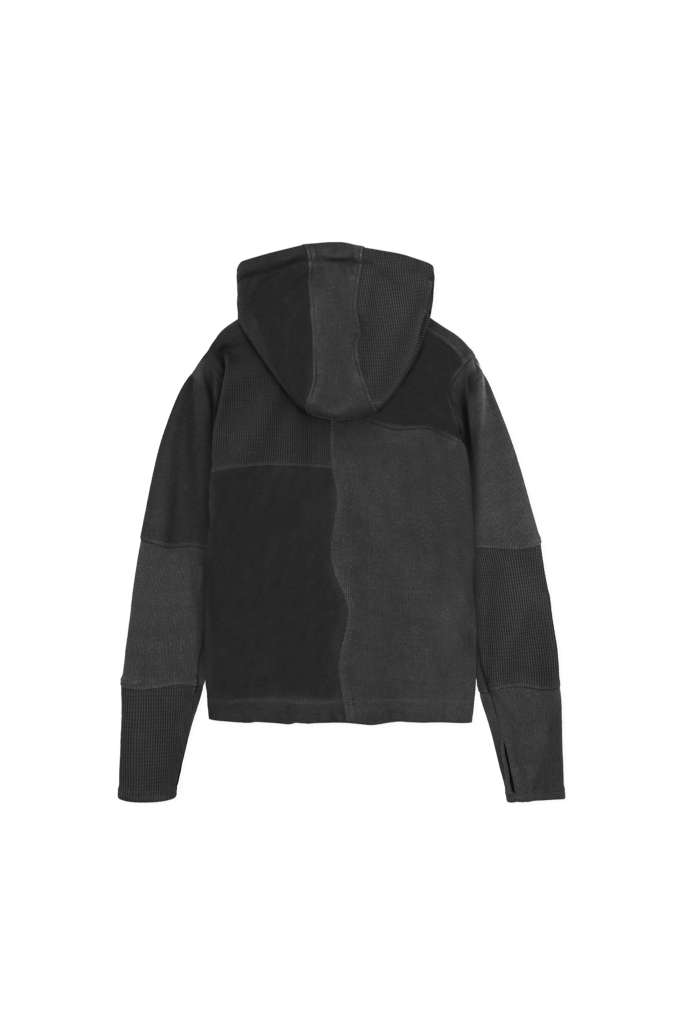 flat lay back view of black panelled hoodie