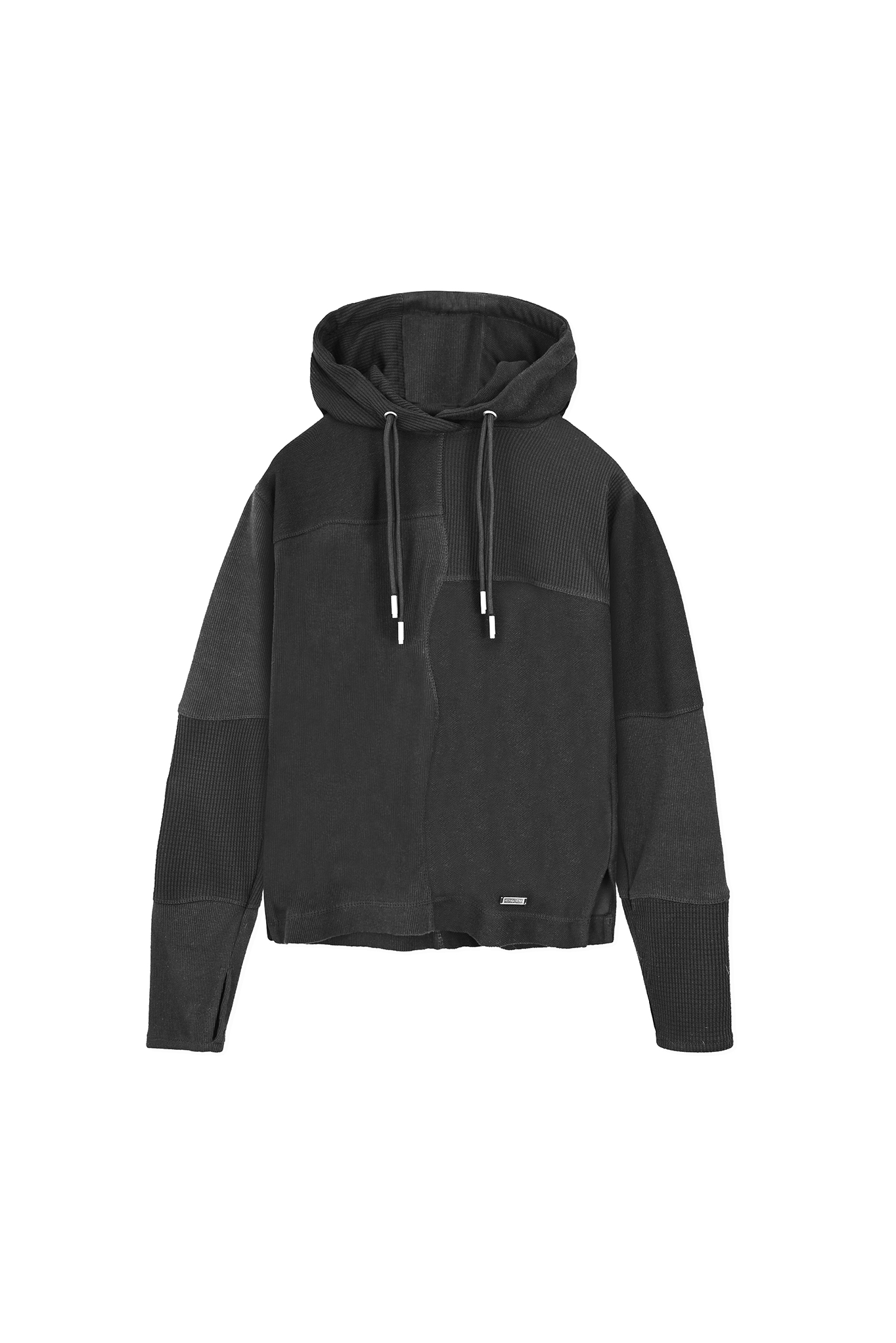 flat lay front view of black panelled hoodie