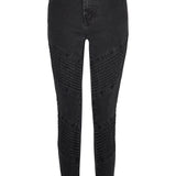 black skinny biker jeans women flat lay front view