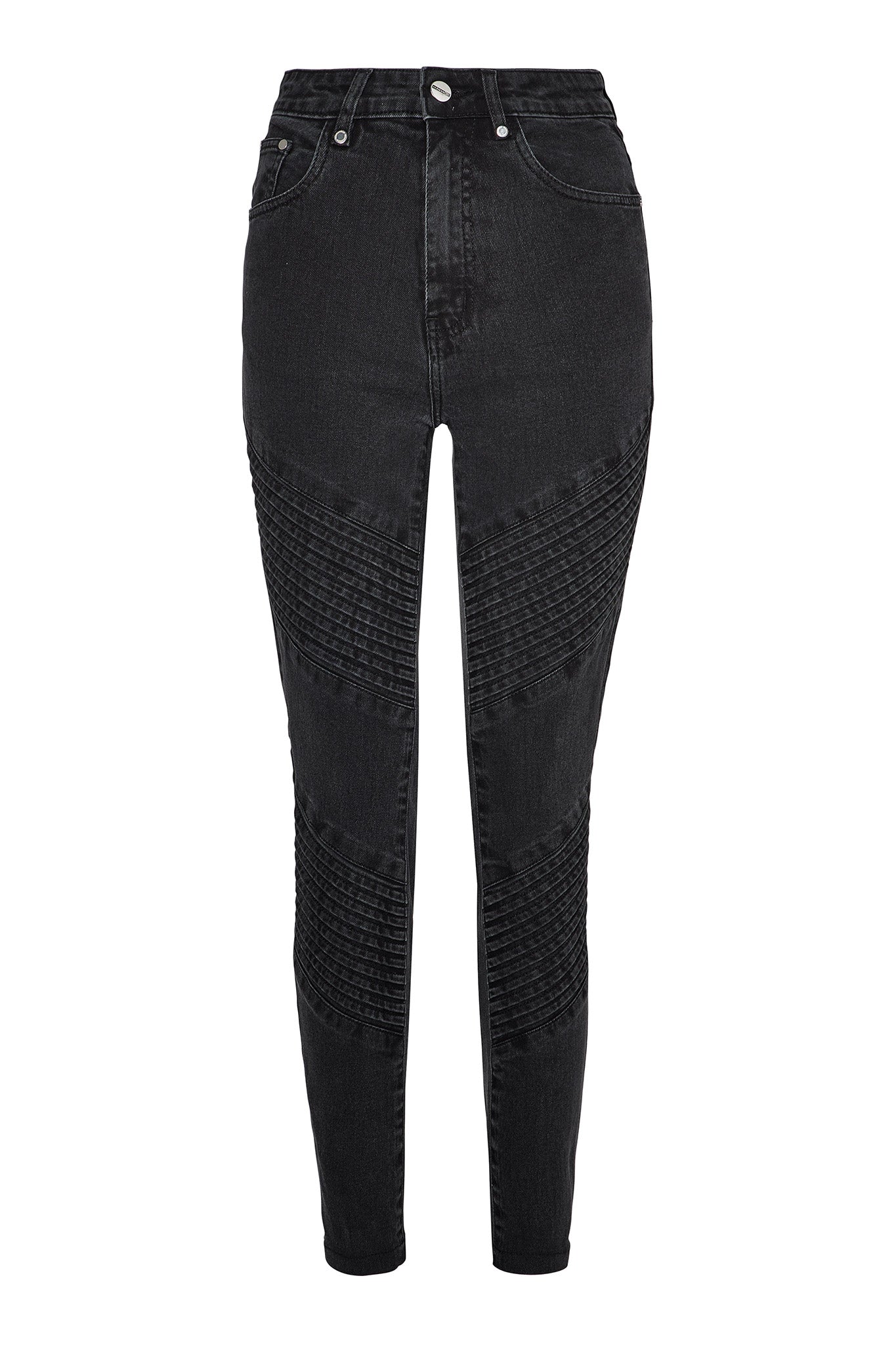 black skinny biker jeans women flat lay front view